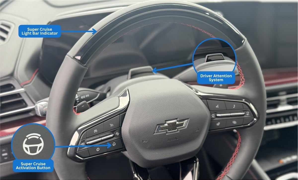 Chevrolet steering wheel with callouts marking the Super Cruise light bar indicator, the driver attention system, and the Super Cruise activation button